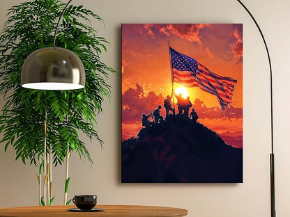 Ploceiny American july 4th Canvas Print Wall Art - Patriotic 4th of July USA Decorations, Soldiers Raising Flag on Mountain Sunrise, Veteran Memorial Gift, Independence Day Office & Home Decor, A-383