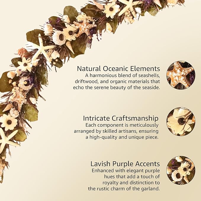 HOLIDAY TREE 5' Coastal Christmas Garland – Natural Shells, Purple Accents, Wood Twigs & Resin Starfish | Beach Christmas Decor & Handcrafted Coastal Holiday Garland