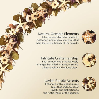 HOLIDAY TREE 5' Coastal Christmas Garland – Natural Shells, Purple Accents, Wood Twigs & Resin Starfish | Beach Christmas Decor & Handcrafted Coastal Holiday Garland