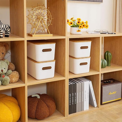 Citylife Storage Bins with Bamboo Lids 6QT Plastic Storage Containers Stackable Organizer Boxes with Handle for Desk Snacks, Toys, 4 PCS, 10" L x 7" W x 6.18" H