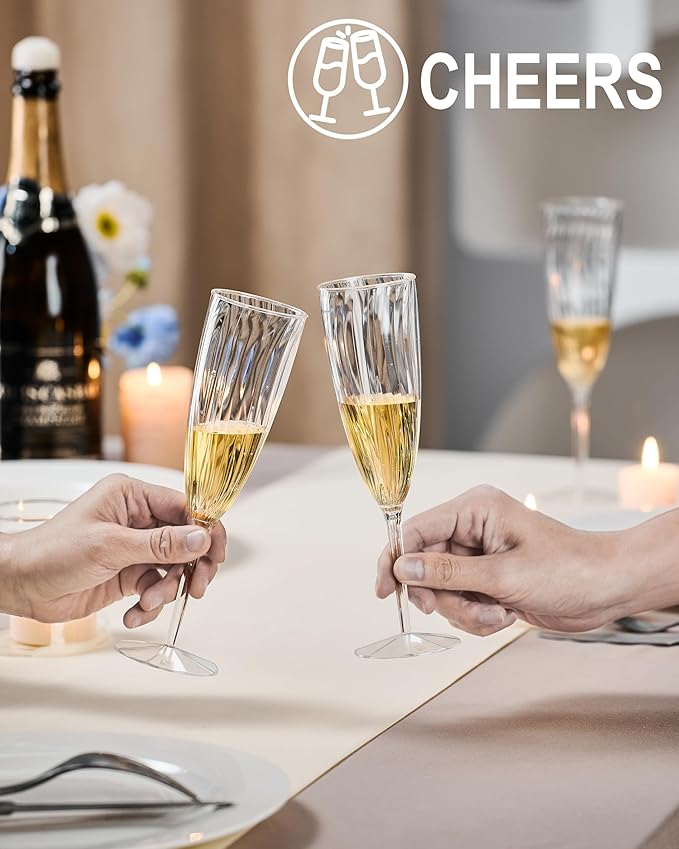 24Pcs Plastic Champagne Flutes,6 Oz Clear Champagne Glasses,Disposable Wine Glasses for Party Wedding Banquet Family Holiday Picnic Cocktail Mimosa Bars Engagements Thanksgiving Christmas Toasting