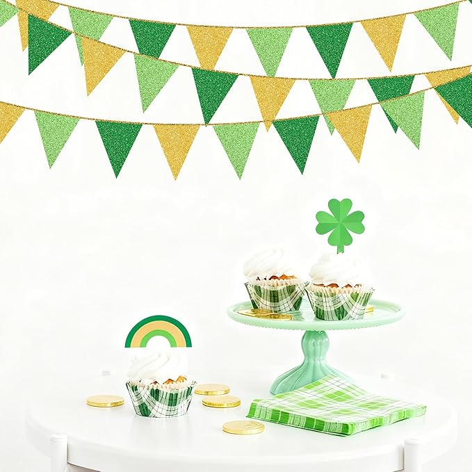 Green Gold Party Decorations Pennant Banner Flag Glitter Green Gold Triangle Hanging Bunting for Birthday Graduation Retirement Bridal Shower Wedding Bachelor Spring Summer Master Golf Themed Party