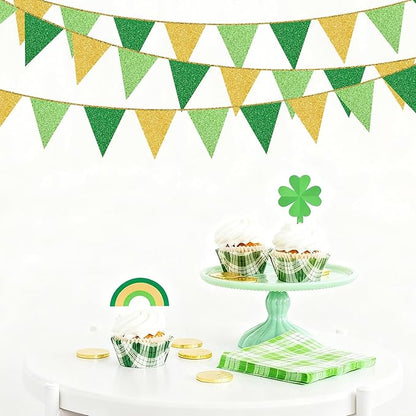 Green Gold Party Decorations Pennant Banner Flag Glitter Green Gold Triangle Hanging Bunting for Birthday Graduation Retirement Bridal Shower Wedding Bachelor Spring Summer Master Golf Themed Party