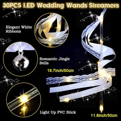60PCS Light Up Wands,White Wedding Wands Streamers with 3 Flashing Modes,LED Silk Fairy Wands with Bells,Glow Lace Sticks for Wedding Reception,Birthday,Raves,July 4th