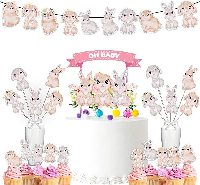 Bunny Party Decorations Set – Oh Baby Rabbit Birthday Supplies with Banner, Cupcake Toppers, Cake Topper & Centerpieces for Baby Shower & Kids