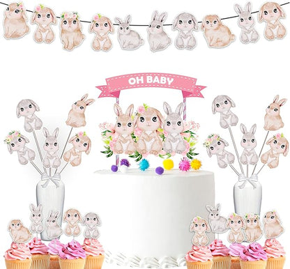 Bunny Party Decorations Set – Oh Baby Rabbit Birthday Supplies with Banner, Cupcake Toppers, Cake Topper & Centerpieces for Baby Shower & Kids