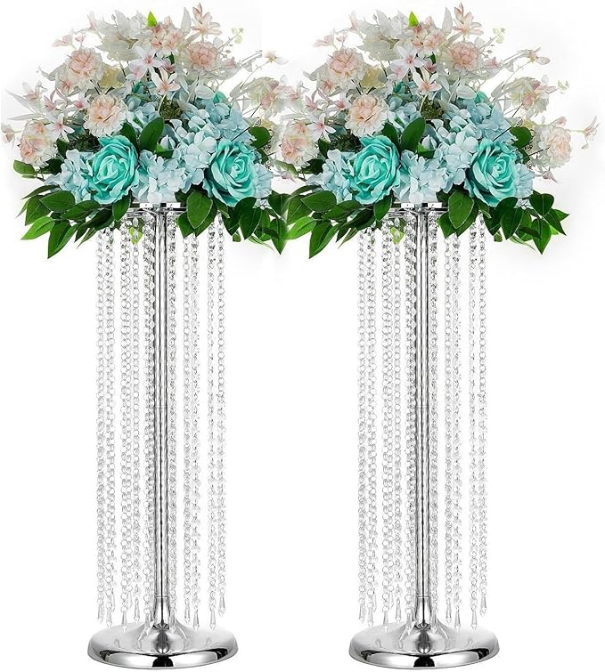2Pcs 27.5in Tall Silver Elegant Wedding Decor Flower Centerpiece Road Leads with Chandelier Acrylic Crystal Weddings Decoration Centerpiece Stands