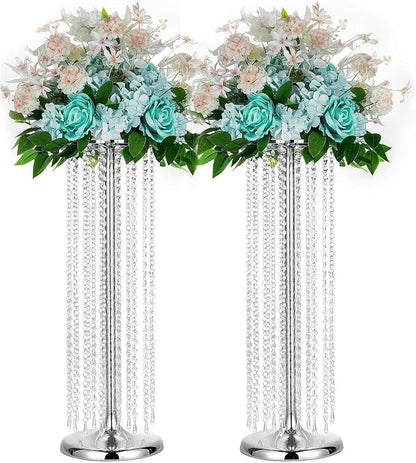 2Pcs 27.5in Tall Silver Elegant Wedding Decor Flower Centerpiece Road Leads with Chandelier Acrylic Crystal Weddings Decoration Centerpiece Stands