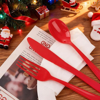 WDF 160 Piece Red Plastic Silverware - Heavy Duty Christmas Silverware of 80 Forks, 40 Spoons, 40 Knives - Red Plastic Utensils Perfect for Christmas Party & Daily Using