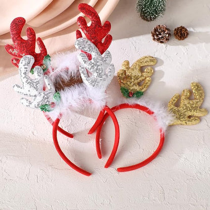 Christmas Reindeer Antlers Headband, 3 PCS Glitter Elk Antlers Hair Bands, Gold Sequin Deer Antler Headwear for Women Girls Xmas Cosplay Costume Hair Accessories Holiday Party Favor Supplies