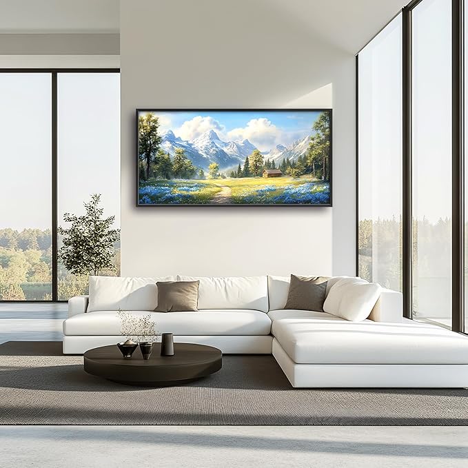 Mountain Large Wall Art Framed Wall Decor for Living Room, Countryside Wildflowers Pictures Oversized Canvas Print Painting Modern Extra Large Framed Artwork for Bedroom Office Home Decor 60"x30"