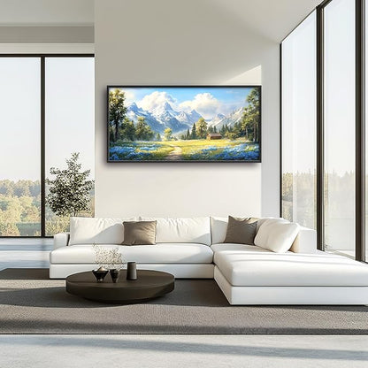 Mountain Large Wall Art Framed Wall Decor for Living Room, Countryside Wildflowers Pictures Oversized Canvas Print Painting Modern Extra Large Framed Artwork for Bedroom Office Home Decor 60"x30"