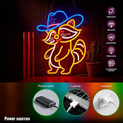 Cowboy Racoon Neon Sign Raccoon Neon Light Cowboy LED Sign USB Powered Dimmable Art Signs for Bar Pub Store Man Cave Kids Room 16.2 X 12.6 inch