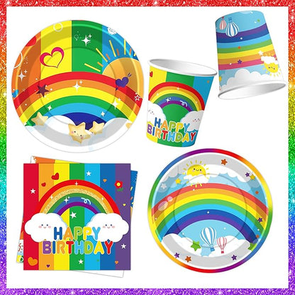 Rainbow Birthday Party Supplies Rainbow Theme Party Decorations for Boy, Include Tablecloth Banner Plate Napkin Cups