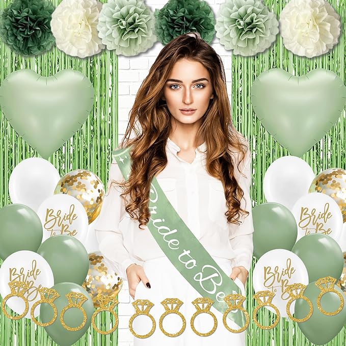 Sage Green Bachelorette Party Decorations, Bride to Be banner, Bridal Shower Decorations with Balloons,Bridal Sash, Paper Pompoms for Bachelorette Engagement Party favors