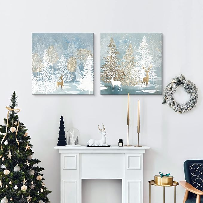 SEVEN WALL ARTS Christmas Wall Art Moose Deer Picture Wall Decor Natural Elk Canvas White Snow Trees Posters Snowflake Winter Blue Decorations for Living Room Farmhouse Bathroom Holiday Decor