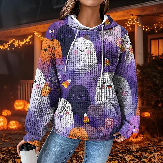 Halloween Sweatshirts for Women Novelty Graphic Drawstring Waffle Hoodies Loose Casual Pullover Tops with Pocket