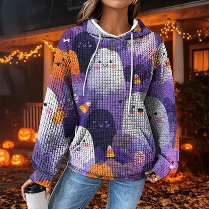 Halloween Sweatshirts for Women Novelty Graphic Drawstring Waffle Hoodies Loose Casual Pullover Tops with Pocket