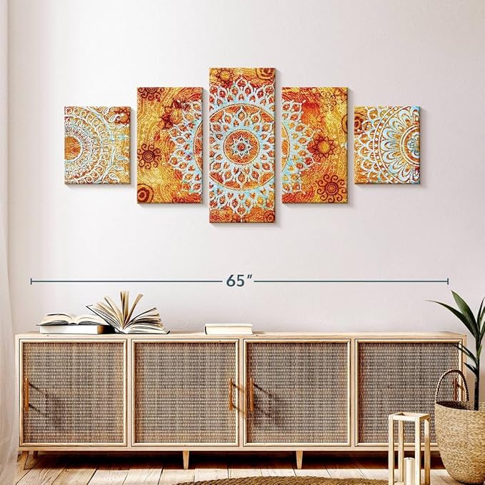 ElephantStock - Sun Like Mandala Symbols Wall Art - Horizontal Multi Panel Canvas - 5 Piece Living Room Wall Decor - Digital Art Elements Multi Piece Wall Art - Orange And Blue Decor - 55" x 24"