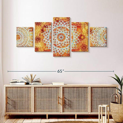 ElephantStock - Sun Like Mandala Symbols Wall Art - Horizontal Multi Panel Canvas - 5 Piece Living Room Wall Decor - Digital Art Elements Multi Piece Wall Art - Orange And Blue Decor - 55" x 24"