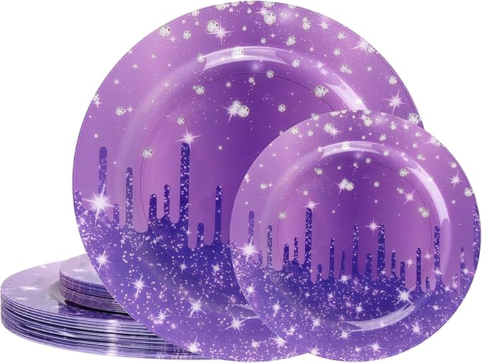 WELLIFE 20PCS Purple Glitter Plates – Diamond Plastic Dinner & Dessert Plates (10×9.2" + 10×6.3"), Reusable Purple Party Plates for Christmas, New Year’s Eve & Girls Birthday