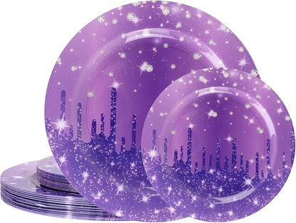 WELLIFE 20PCS Purple Glitter Plates – Diamond Plastic Dinner & Dessert Plates (10×9.2" + 10×6.3"), Reusable Purple Party Plates for Christmas, New Year’s Eve & Girls Birthday