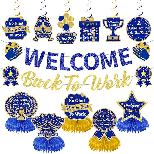 12pcs Welcome Back to Work Decorations Office Blue Gold So Glad You're Back To Work Banner and Hanging Swirls Table Centerpieces Office Party Supplies for Indoors Outdoors