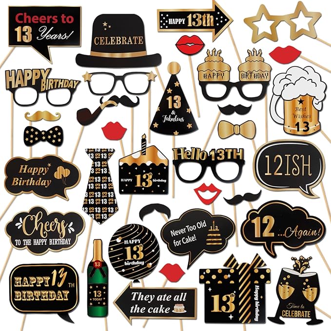 LINGTEER Happy 13th Birthday Party Photo Booth Props,Cheers to 13th Birthday Thirteen Years Old Bday Party Centerpieces Props Decorations Sign.