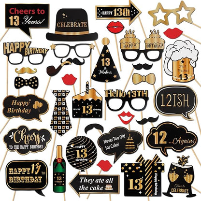 LINGTEER Happy 13th Birthday Party Photo Booth Props,Cheers to 13th Birthday Thirteen Years Old Bday Party Centerpieces Props Decorations Sign.