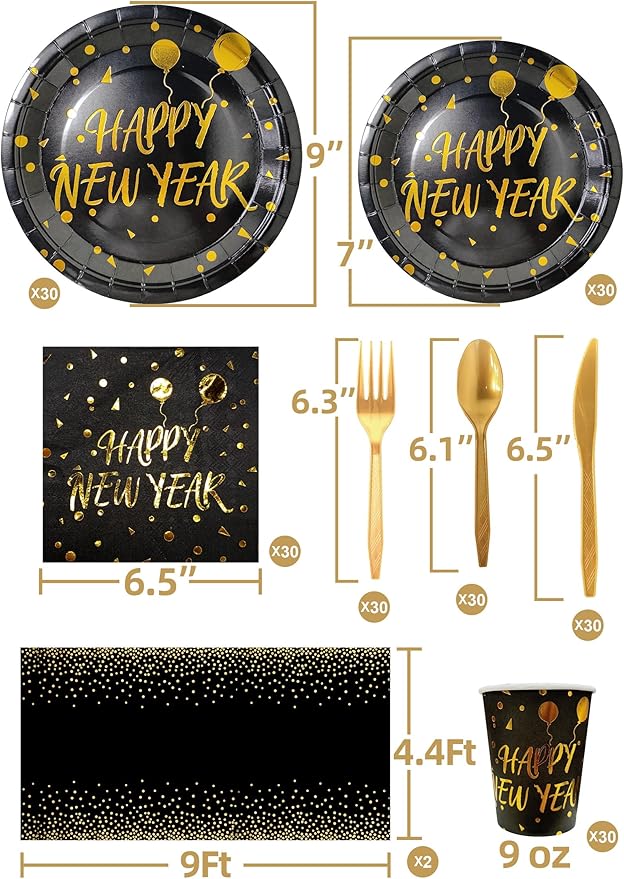 212 Piece New Year Paper Plates and Napkins Disposable Dinnerware Set Serve 30, Includes Happy New Year Plates Napkins Tablecloths Cups Knife Fork Spoon New Years Eve Party Supplies Decorations