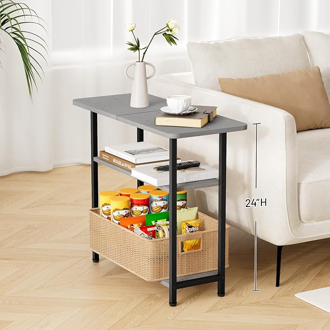 SLEEPING LAMB Side Table for Living Room, 3-Tier End Table for Small Space with Wide Storage Tabletop, Narrow Nightstand for Bedroom, Sofa Couch, Grey