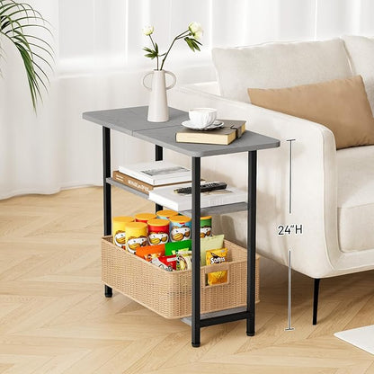 SLEEPING LAMB Side Table for Living Room, 3-Tier End Table for Small Space with Wide Storage Tabletop, Narrow Nightstand for Bedroom, Sofa Couch, Grey