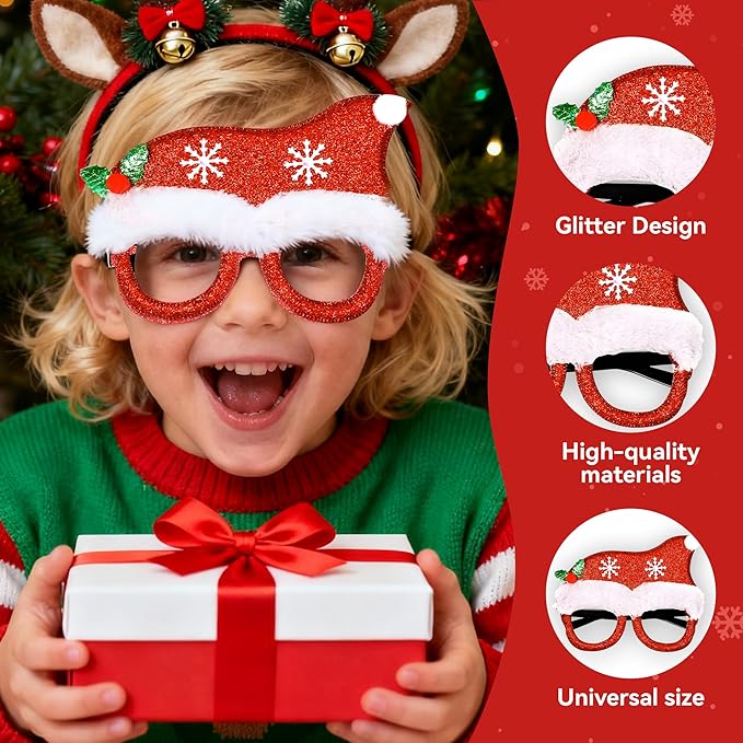 16Pcs Christmas Glasses Glitter Holiday Party, Cute Christmas Glasses Frames, Christmas Eyeglasses Party Decorations for Christmas Party Favors Holiday Favors (One Size Fits All)