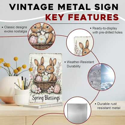 Easter Tin Sign Rabbit Spring Blessing Vintage Metal Sign Retro Easter Decor for Home Living Room Yard Garden Wall Decor 8x12Inch