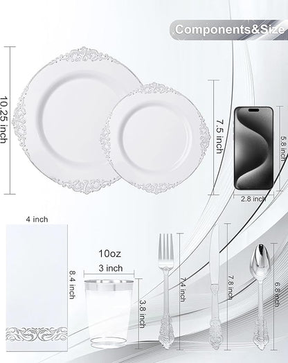 Nervure 175PCS Silver Plastic Plates - White and Silver Disposable Plates for 25 Guests Include 50Plates, 25Cups, 25Forks, 25Knives, 25Spoons, 25Napkins for Wedding & Party
