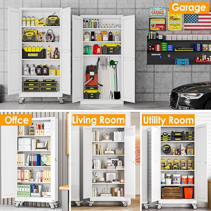 71''H Tall Metal Garage Storage Cabinet with Wheels,Steel File Cabinets with 2 Doors and 4 Adjustable Shelves for Home Office, Warehouse, Required Assembly,White