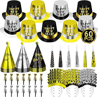 60PCS New Years Eve Party Favors, 30 People New Years Party Hats, Happy Eve Accessories Gold Silver Black, Cardboard Cone Hat Top Party Horn Blowers Tiara Supplies Decorations