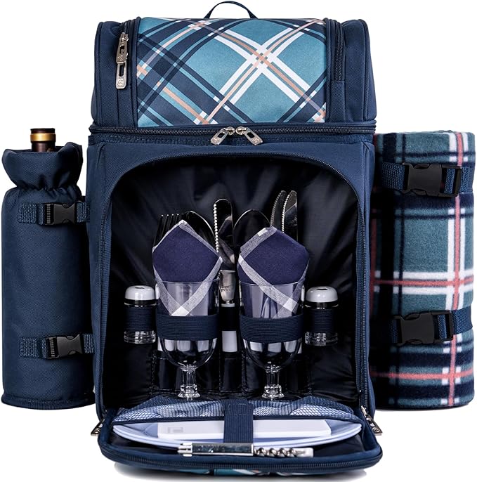 ALLCAMP 2-Person Picnic Backpack with Insulated Cooler, Detachable Wine Holder, Fleece Blanket & Full Picnic Set for Outdoor, Family, Couples (Blue)