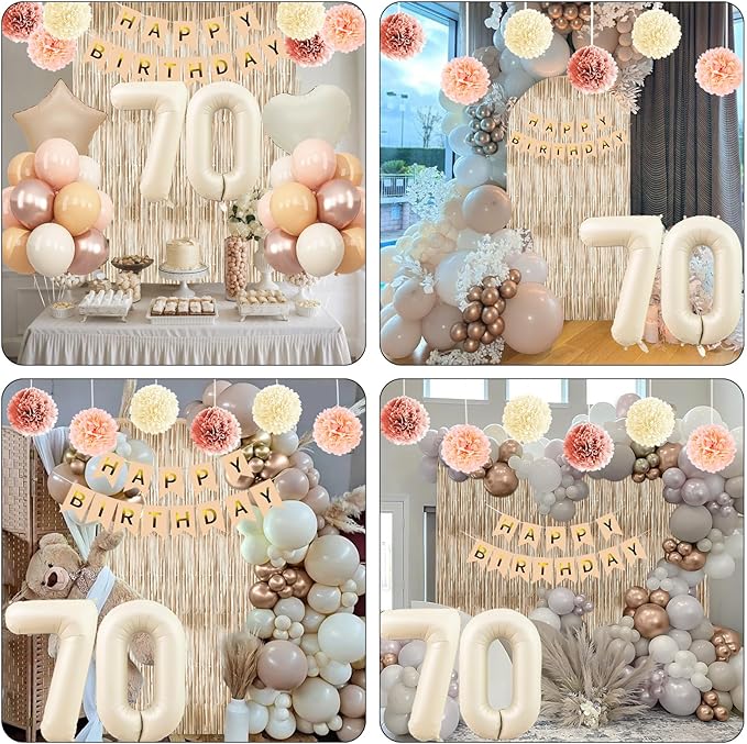 Beige 70th Birthday Decorations for Women Cream Number 70 Balloon Nude Gold Happy Birthday Banner Fringe Curtain Paper Pom Poms Blush White Sand Champagne Star Foil Balloons Neutral Boho Party Decor