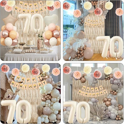 Beige 70th Birthday Decorations for Women Cream Number 70 Balloon Nude Gold Happy Birthday Banner Fringe Curtain Paper Pom Poms Blush White Sand Champagne Star Foil Balloons Neutral Boho Party Decor