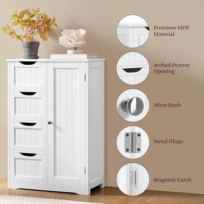 Yaheetech Wooden Floor Cabinet, Side Storage Organizer with 4 Drawers and 1 Cupboard, Freestanding Entryway Storage Unit Console Table, Bathroom Furniture Home Decor, White