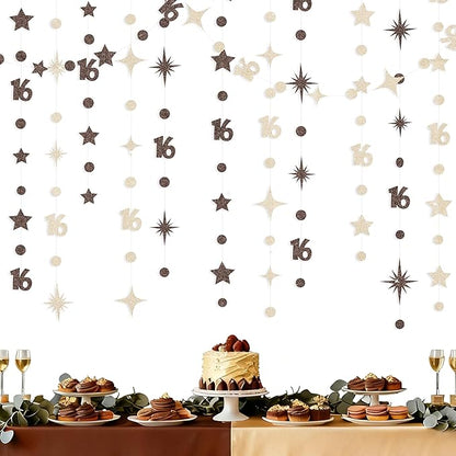Champagne Gold Brown 16th Birthday Decorations Number 16 Circle Dot Star Garland Streamer Banner Backdrop for Girls Boys Sweet Sixteen Cheers to 16 Years Old Happy 16th Birthday Party Supplies