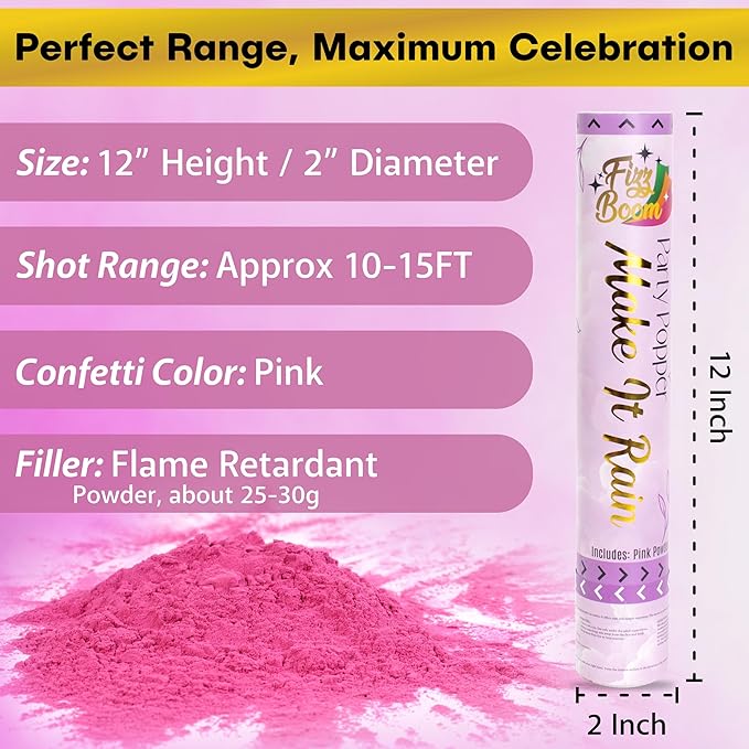 2 Pack Gender Reveal Smoke Confetti Poppers - Biodegradable Pink Powder Poppers for Baby Gender Reveal | Creates Vibrant Cloud of Color | Perfect for Photography and Special Events
