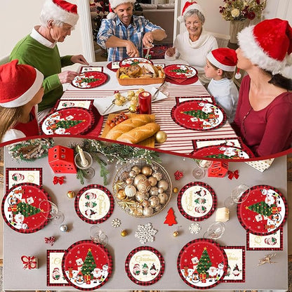175PCS Large Christmas Paper Plates and Napkins Serves 25, Red Disposable Dinnerware Set, Christmas Party Supplies Decoration, Holiday Party Plates Total
