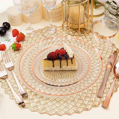 BESTSTAR 200PCS Rose Gold and Clear Plastic Plates, Rose Gold Disposable Plate Set with 100 Dinner Plates and 100 Dessert Plates for Party