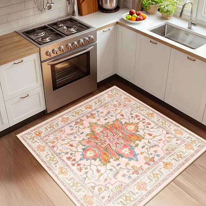 Area Rugs Square 4ft Washable Non-Slip, Floral Vintage Distress Print Pattern Medallion Carpet for Living Room Bedroom Dining Room, Light Pink Colorful