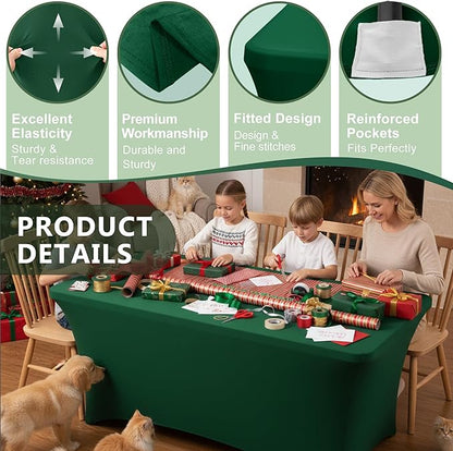 Table Cover for 6 Foot Rectangle Tables-6 Pack Hunter Green Fitted Stretch Tablecloth-Spandex 6ft Christmas Tablecloth for Party, Vendor Booth Display, Banquet Buffet Event, Craft Trade Show