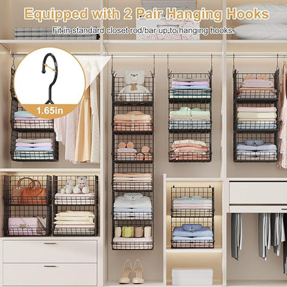6 Tier Closet Hanging Organizer, Clothes Hanging Shelves with 4 Hanging Hooks 5 S Hooks, Wire Storage Basket Bins, for Clothing Sweaters Shoes Handbags Clutches Accessories Patent Design-Black