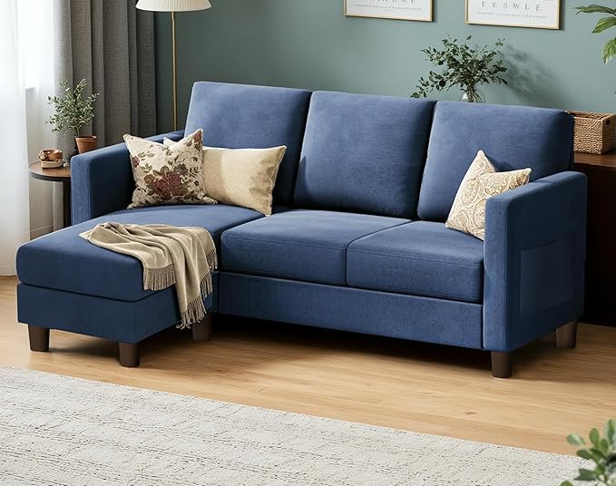 VICTONE Convertible Sectional Sofa Couch, 3 Seat L-Shaped Sofa with Linen Fabric Ottoman Small Couch for Small Apartments, Living Room and Office (Linen Fabric, Blue)