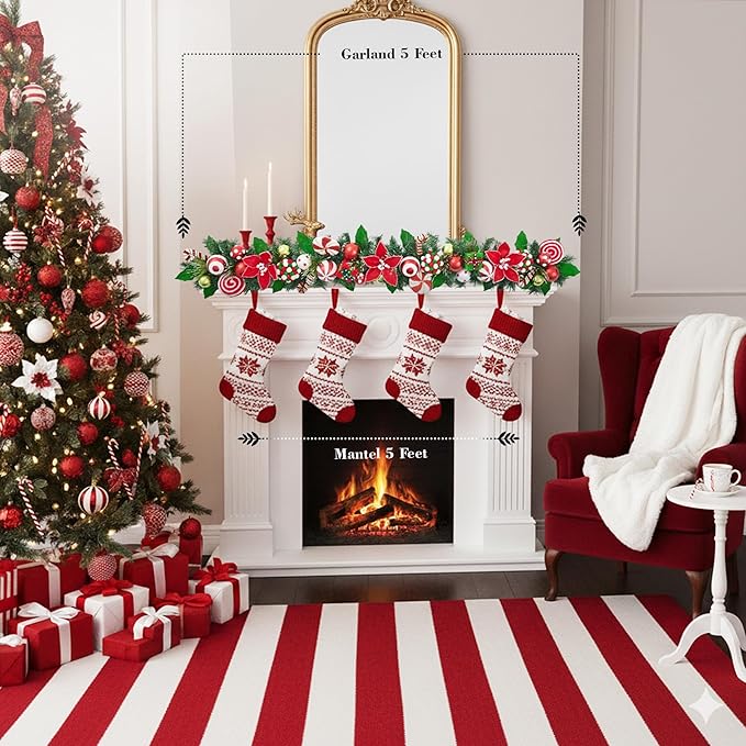 Holiday Tree Christmas Peppermint Garland 60” – Candy Cane Red & White Holiday Decor with Ornaments & Greenery, Handmade Festive Mantel Garland for Staircase, Doorway & Tabletop Decoration
